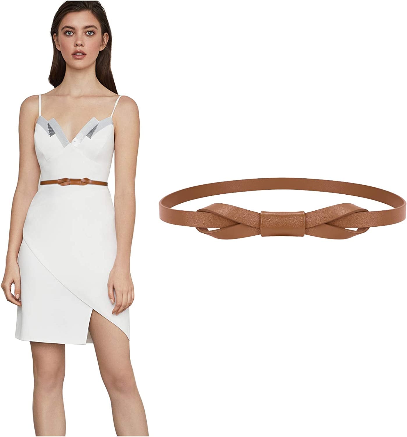 JASGOOD Women PU Leather Skinny Belt for Dress Adjustable Thin Waist Belt for Lady Apparel & Accessories > Clothing Accessories > Belts KYLIE MAX E-brown Suit for waist size 26"-31"