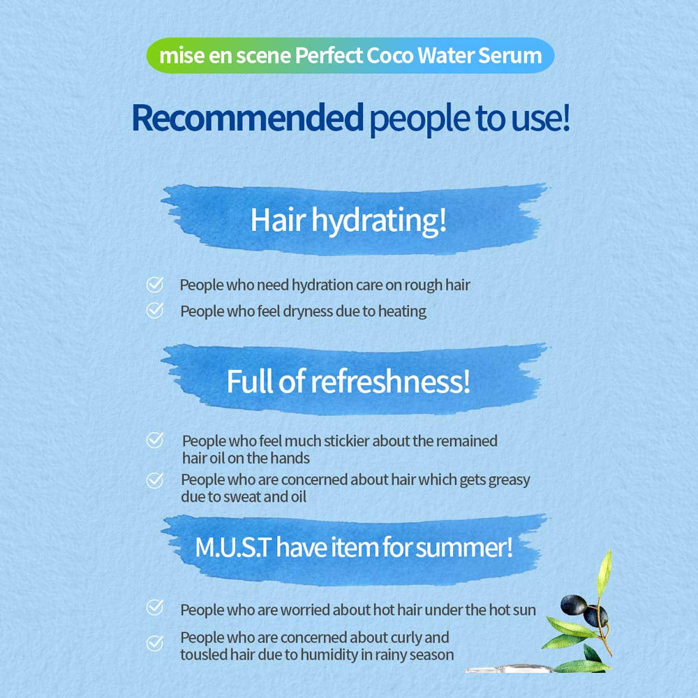 MISE EN SCENE Perfect Coco Water Serum 80Ml (2.7Oz) | Anti-Frizz, Hydration and Nutrition Hair Essence for Damaged, Bleached and Dry Hair | Watery Light and Moisturizing Hair Oil for Men and Women | Korean Hair Care Product Health & Beauty > Personal Care > Hair Care AMORE PACIFIC