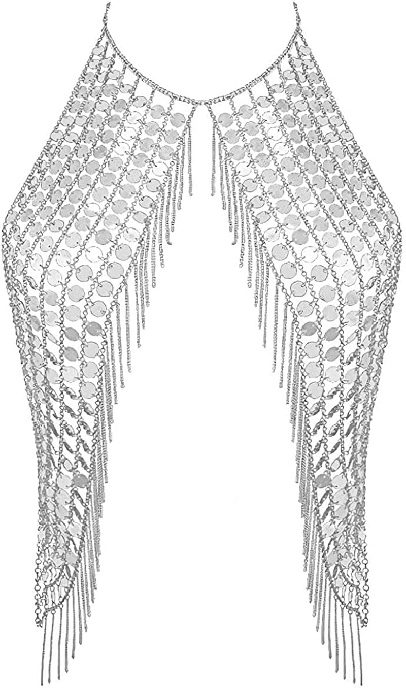 DOTASI Women'S Sexy Halter Backless Tank Top Bra Body Chain Necklace Tassels Party Apparel & Accessories > Jewelry > Body Jewelry DOTASI Silver