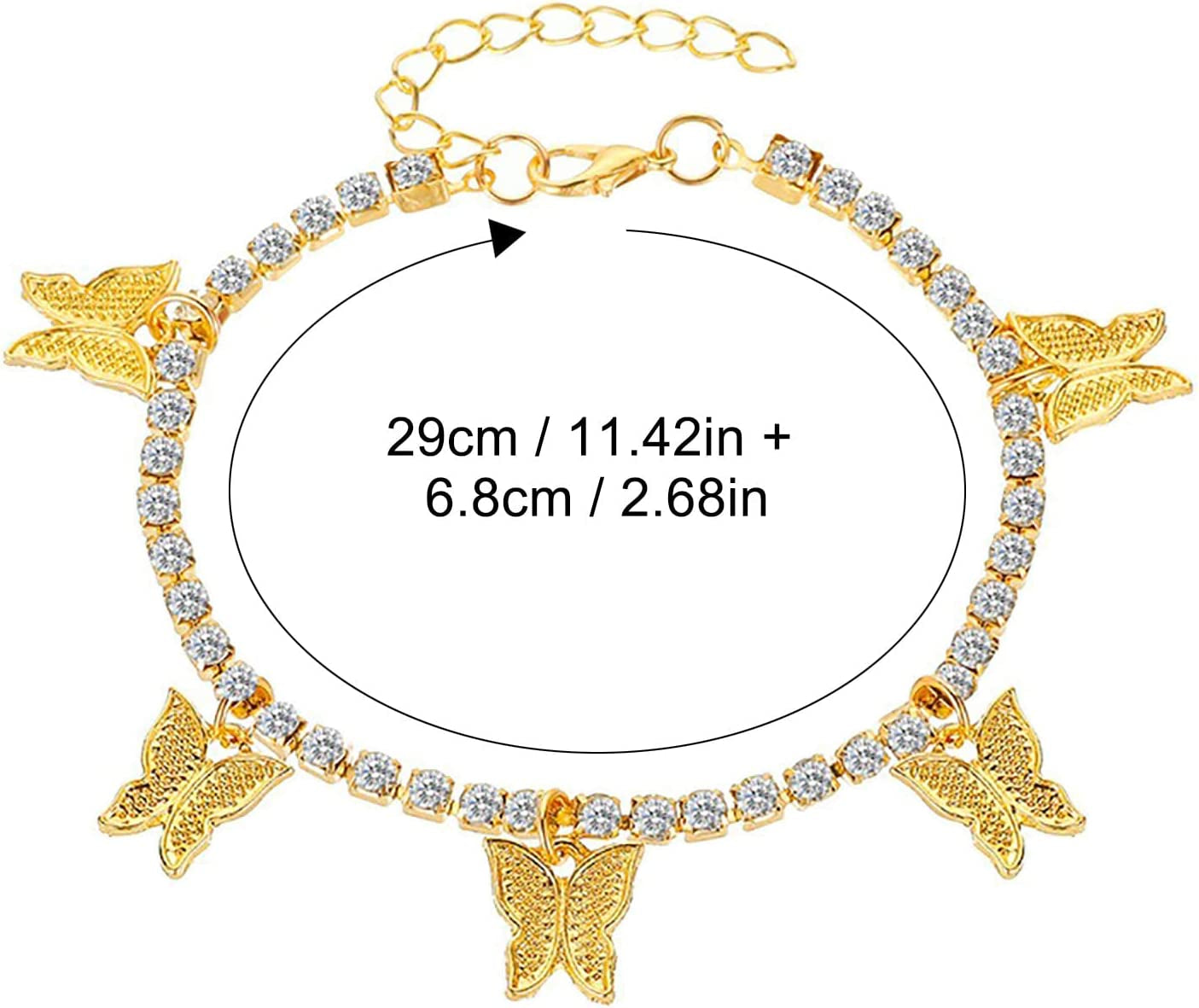 Dainty Zircon Tennis Anklet Bracelets Cute Butterfly Charm Anklets Adjustable Stackable Boho Anklet for Teen Girls Mom Beach Jewelry Birthday (Gold, One Size) Apparel & Accessories > Jewelry > Anklets Generic