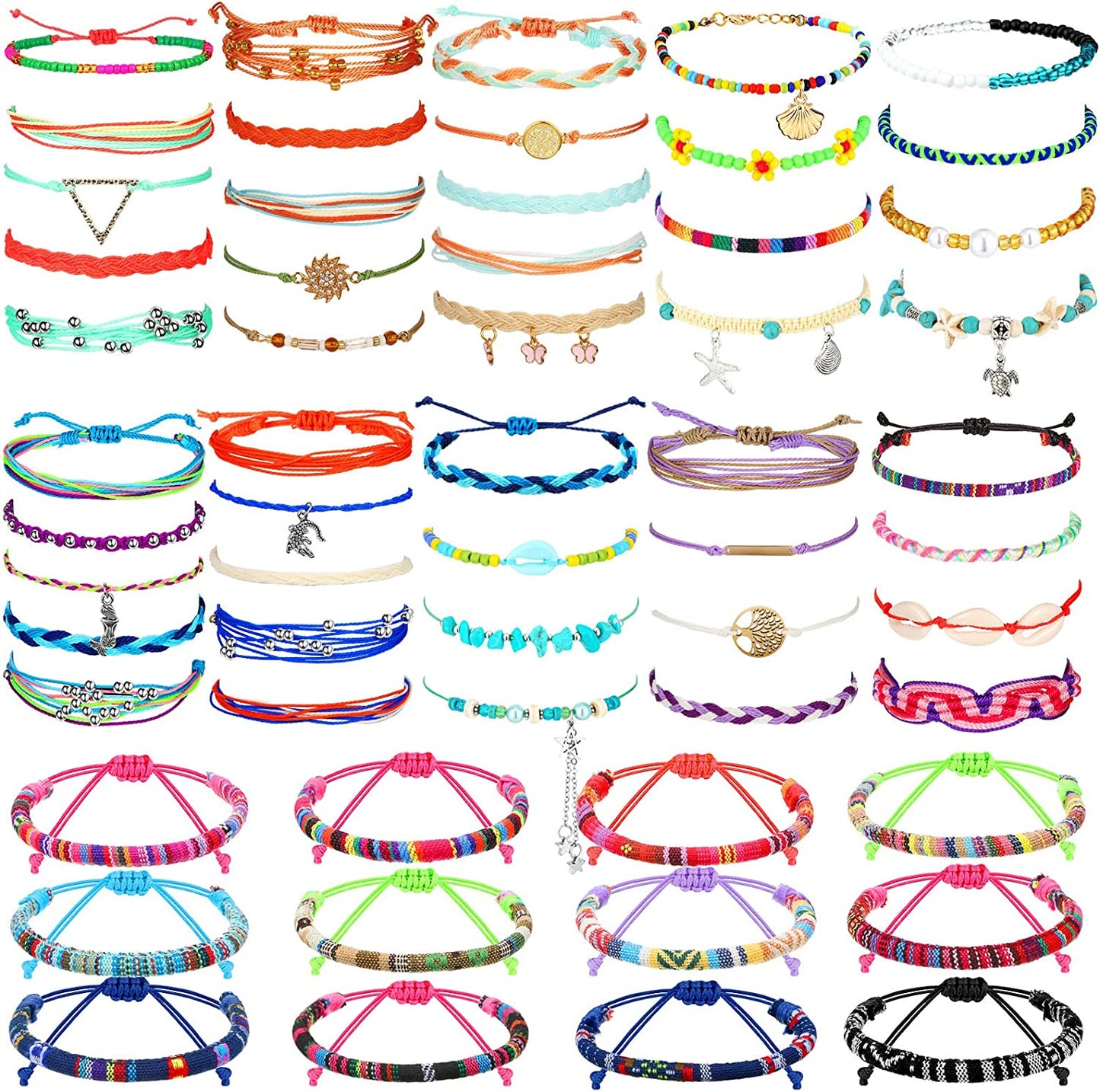 Henoyso 57 Pieces Surfer Strand Wave Bracelet Braided Stretch Friendship Woven Rope Bracelets Adjustable Waterproof Handmade Wax Wrap Bracelet Anklet for Girls Women Apparel & Accessories > Jewelry > Bracelets Henoyso Lovely Style