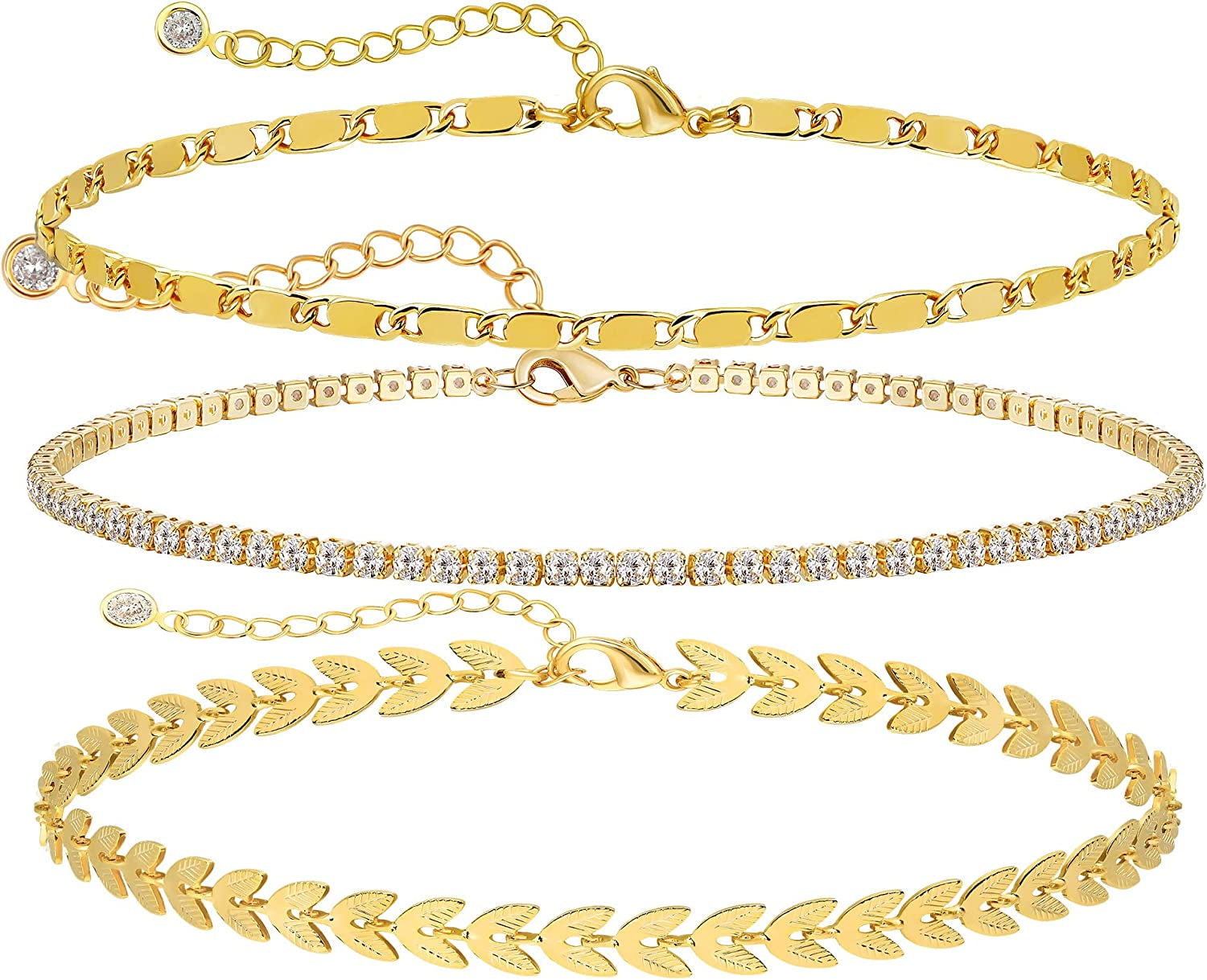 Tewiky Ankle Bracelets for Women, 14K Gold Anklets Layered Gold Herringbone Figaro Tennis Cuban Link Anklet for Women Boho 3PCS Gold Anklet Set Summer Beach Foot Jewelry Gifts for Her Apparel & Accessories > Jewelry > Anklets ANK-02 3pcs Set-C