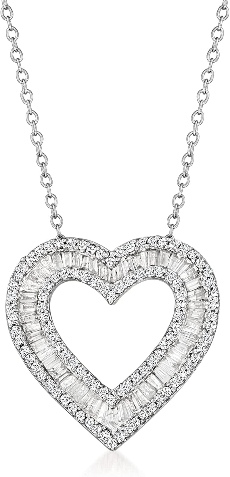1.00 Ct. T.W. Baguette and round Diamond Heart Pendant Necklace in Sterling Silver 18.0 Inches