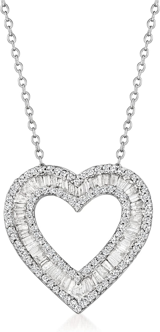 1.00 Ct. T.W. Baguette and round Diamond Heart Pendant Necklace in Sterling Silver 18.0 Inches