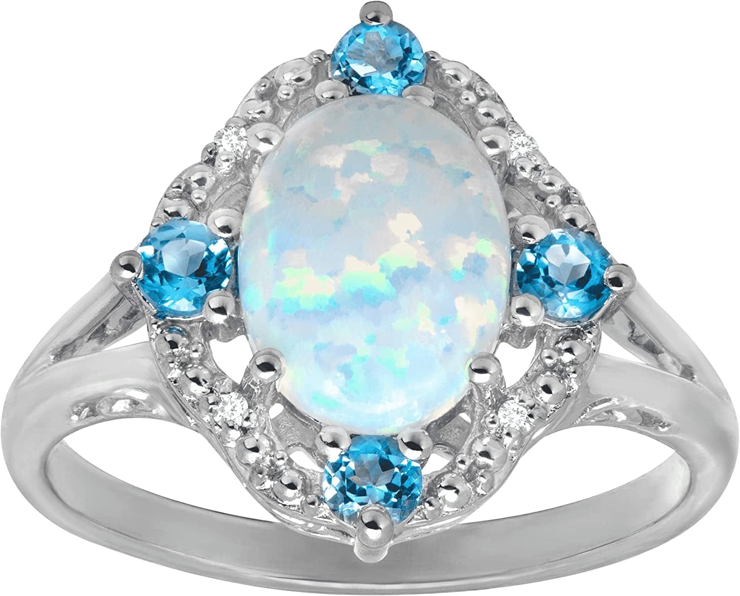 1 1/6 Ct Created Opal & Natural Swiss Blue Topaz Ring with Diamonds in Sterling Silver 8