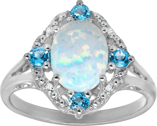 1 1/6 Ct Created Opal & Natural Swiss Blue Topaz Ring with Diamonds in Sterling Silver 8