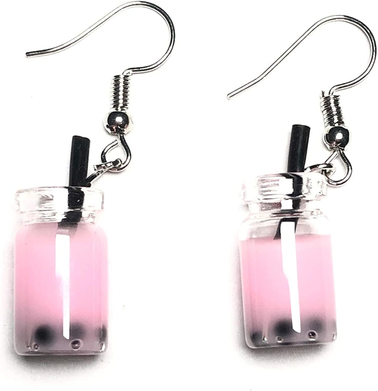 1-12 Pairs Funny Earrings Rubber Duck Gummy Bear Goldfish Water Bottle Strawberry Mushroom Boba Tea Butterfly Cloud Flowers Dinosaur Egg Earrings Milk Tea - Pink