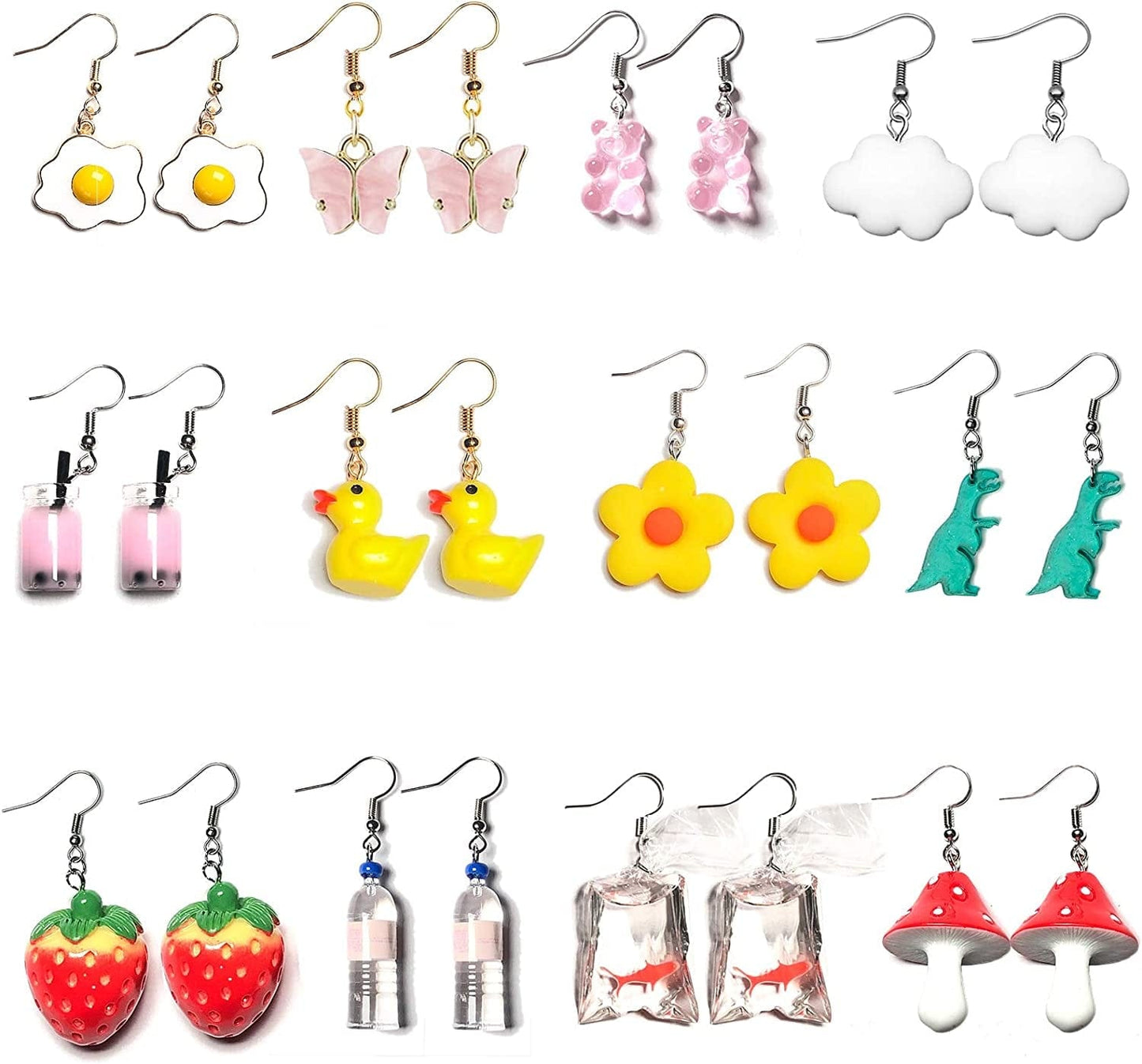 1-12 Pairs Funny Earrings Rubber Duck Gummy Bear Goldfish Water Bottle Strawberry Mushroom Boba Tea Butterfly Cloud Flowers Dinosaur Egg Earrings #Set 01