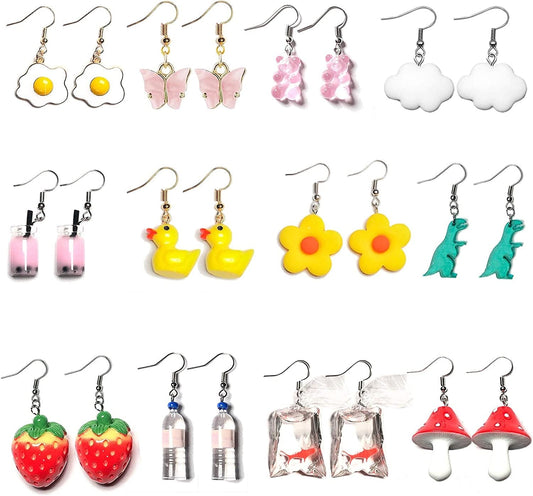 1-12 Pairs Funny Earrings Rubber Duck Gummy Bear Goldfish Water Bottle Strawberry Mushroom Boba Tea Butterfly Cloud Flowers Dinosaur Egg Earrings #Set 01