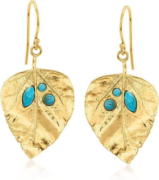 1.40 Ct. T.W. Multi-Stone Leaf Drop Earrings in 18Kt Yellow Gold over Sterling Turquoise