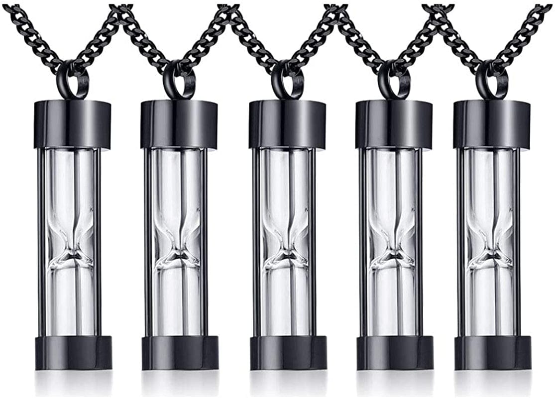 1-5 Pcs Stainless Steel Timeless Hourglass Glass Necklace Charm Cremation Urn Ash Holder Pendant Necklace Keepsake Memorial Jewelry for Men Women with Chain Black hourglass / 5* pendants