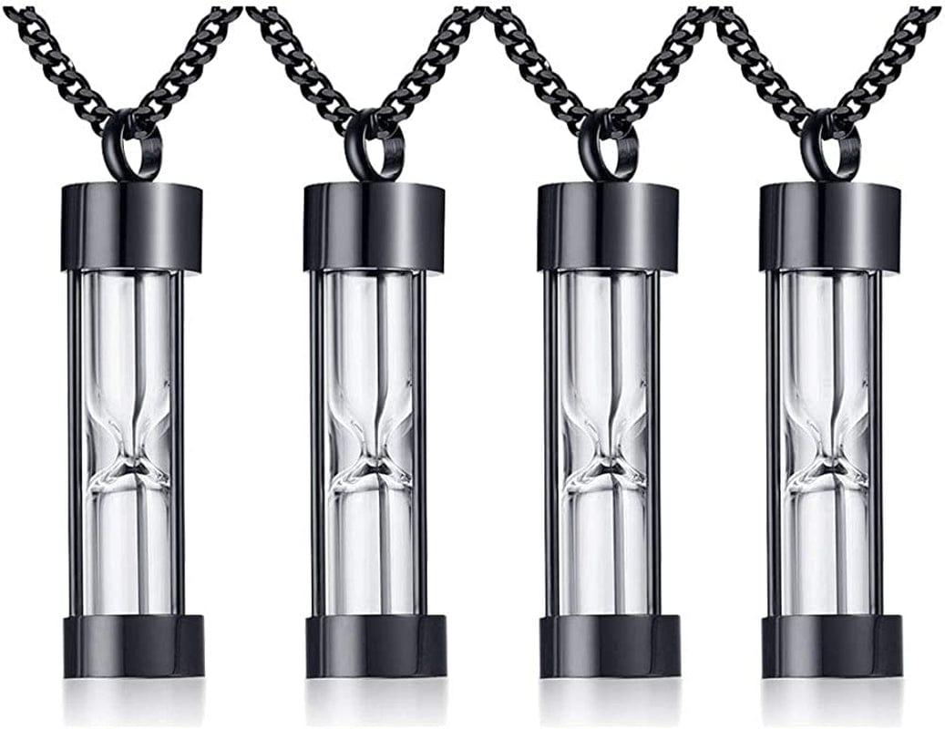 1-5 Pcs Stainless Steel Timeless Hourglass Glass Necklace Charm Cremation Urn Ash Holder Pendant Necklace Keepsake Memorial Jewelry for Men Women with Chain Black hourglass / 4* pendants