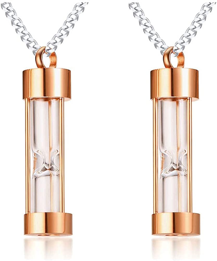 1-5 Pcs Stainless Steel Timeless Hourglass Glass Necklace Charm Cremation Urn Ash Holder Pendant Necklace Keepsake Memorial Jewelry for Men Women with Chain Rose Gold-hourglass / 2* pendants