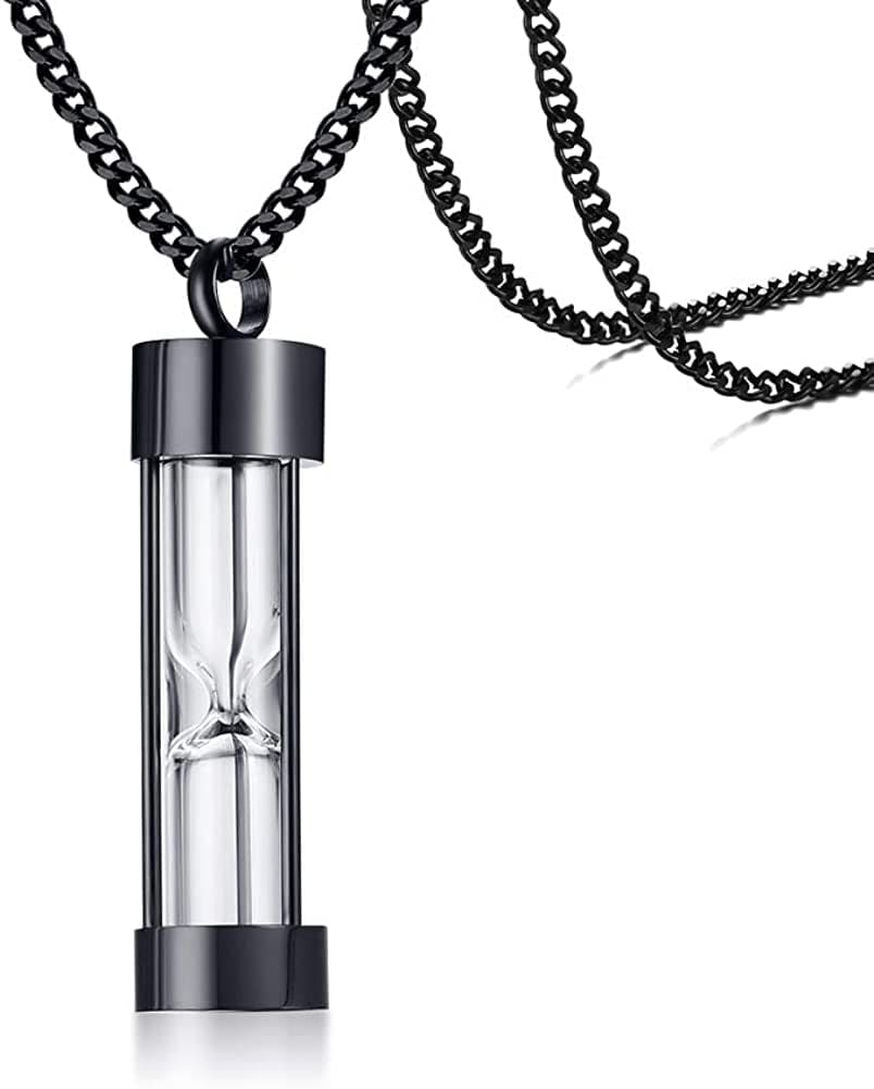 1-5 Pcs Stainless Steel Timeless Hourglass Glass Necklace Charm Cremation Urn Ash Holder Pendant Necklace Keepsake Memorial Jewelry for Men Women with Chain Black hourglass / 1* pendant