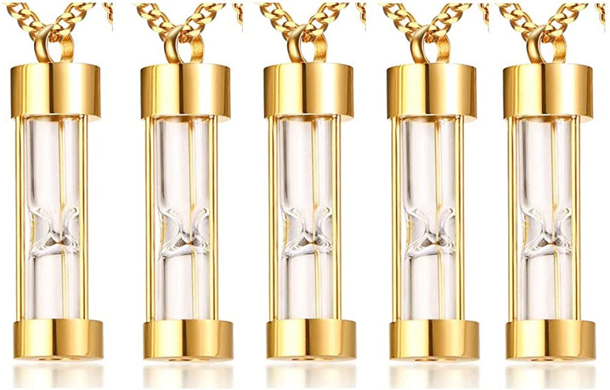 1-5 Pcs Stainless Steel Timeless Hourglass Glass Necklace Charm Cremation Urn Ash Holder Pendant Necklace Keepsake Memorial Jewelry for Men Women with Chain Gold plated-hourglass / 5* pendants