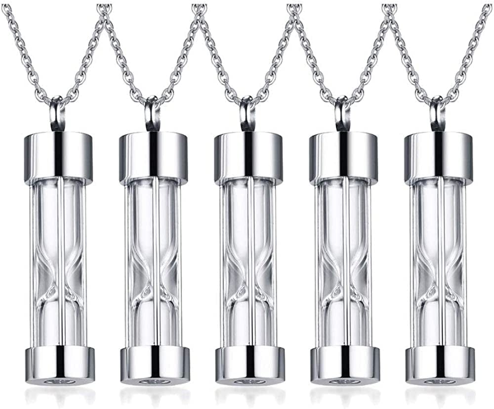 1-5 Pcs Stainless Steel Timeless Hourglass Glass Necklace Charm Cremation Urn Ash Holder Pendant Necklace Keepsake Memorial Jewelry for Men Women with Chain Silver hourglass / 5* pendants