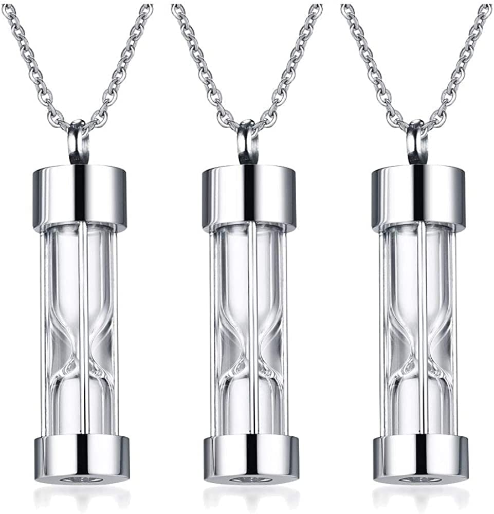1-5 Pcs Stainless Steel Timeless Hourglass Glass Necklace Charm Cremation Urn Ash Holder Pendant Necklace Keepsake Memorial Jewelry for Men Women with Chain Silver hourglass / 3* pendants