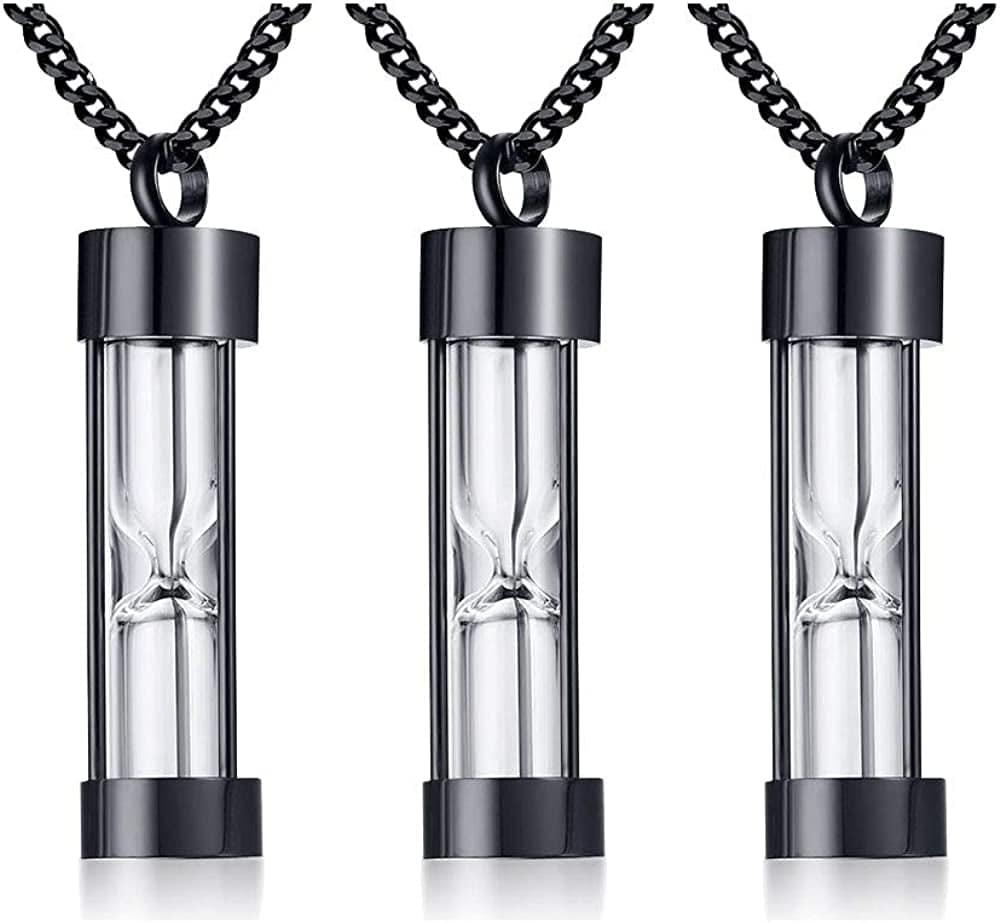 1-5 Pcs Stainless Steel Timeless Hourglass Glass Necklace Charm Cremation Urn Ash Holder Pendant Necklace Keepsake Memorial Jewelry for Men Women with Chain Black hourglass / 3* pendants
