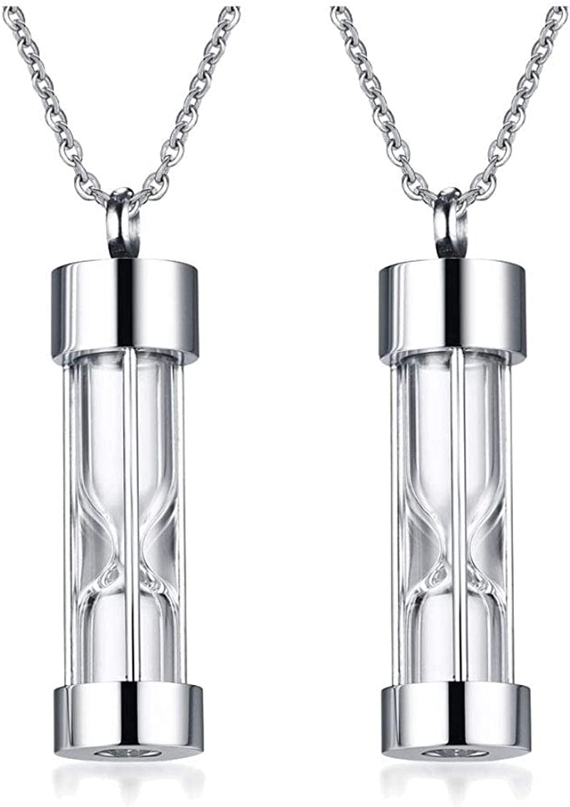 1-5 Pcs Stainless Steel Timeless Hourglass Glass Necklace Charm Cremation Urn Ash Holder Pendant Necklace Keepsake Memorial Jewelry for Men Women with Chain Silver hourglass / 2* pendants