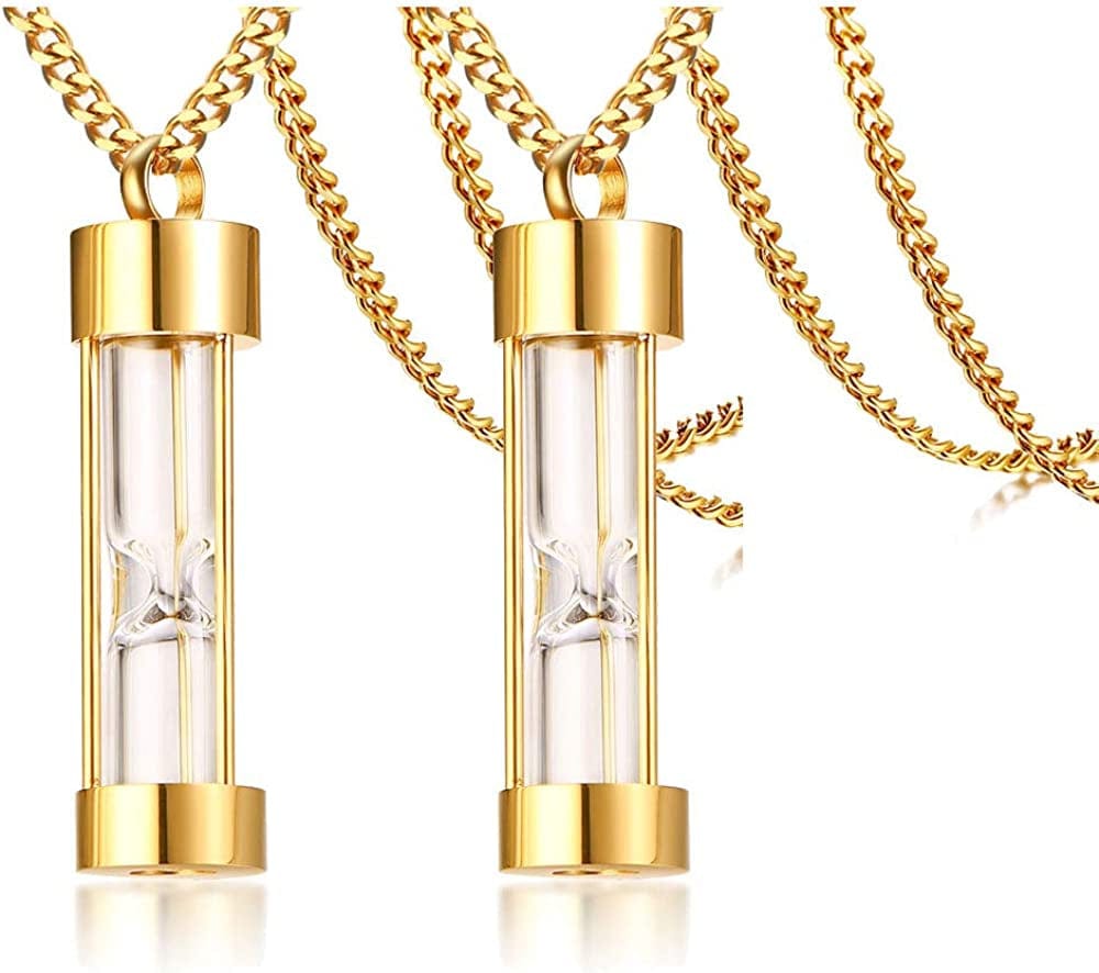 1-5 Pcs Stainless Steel Timeless Hourglass Glass Necklace Charm Cremation Urn Ash Holder Pendant Necklace Keepsake Memorial Jewelry for Men Women with Chain Gold plated-hourglass / 2* pendants