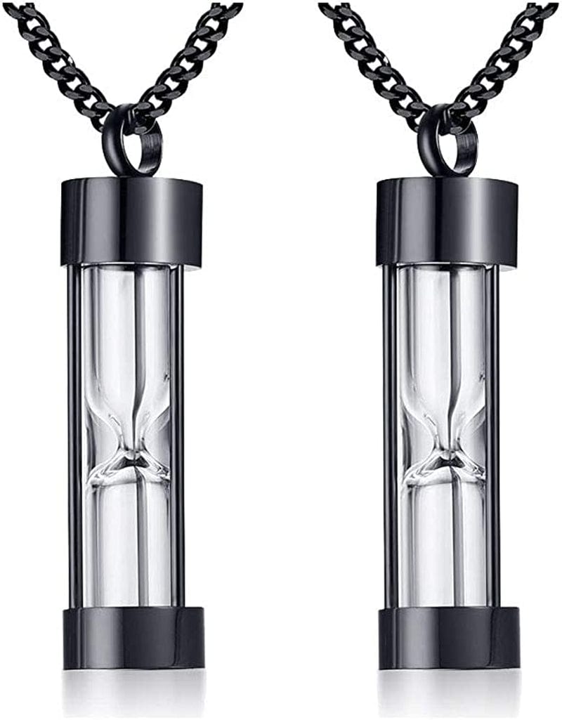 1-5 Pcs Stainless Steel Timeless Hourglass Glass Necklace Charm Cremation Urn Ash Holder Pendant Necklace Keepsake Memorial Jewelry for Men Women with Chain Black hourglass / 2* pendants