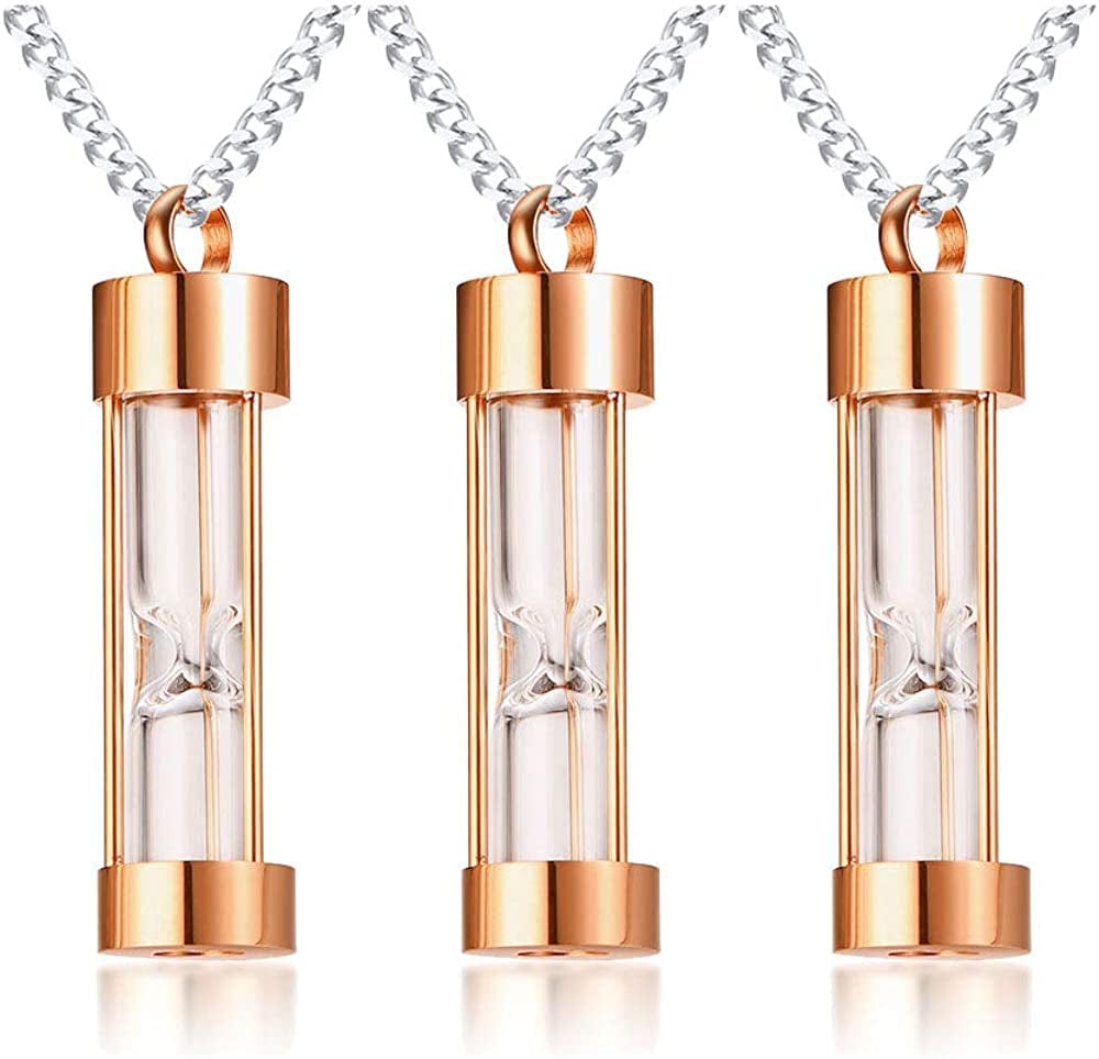 1-5 Pcs Stainless Steel Timeless Hourglass Glass Necklace Charm Cremation Urn Ash Holder Pendant Necklace Keepsake Memorial Jewelry for Men Women with Chain Rose Gold-hourglass / 3* pendants