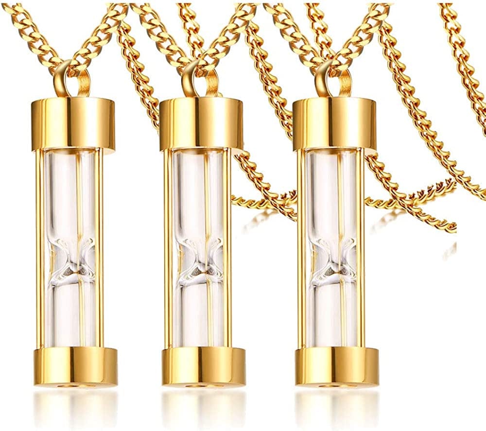 1-5 Pcs Stainless Steel Timeless Hourglass Glass Necklace Charm Cremation Urn Ash Holder Pendant Necklace Keepsake Memorial Jewelry for Men Women with Chain Gold plated-hourglass / 3* pendants