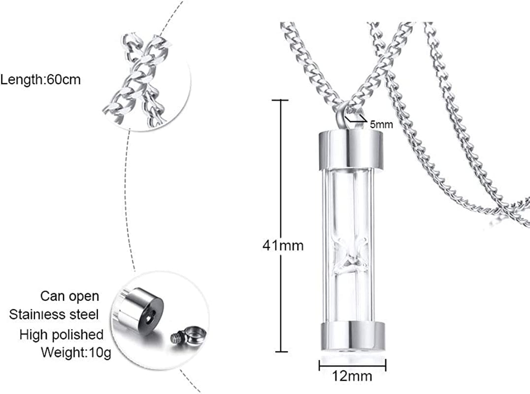 1-5 Pcs Stainless Steel Timeless Hourglass Glass Necklace Charm Cremation Urn Ash Holder Pendant Necklace Keepsake Memorial Jewelry for Men Women with Chain