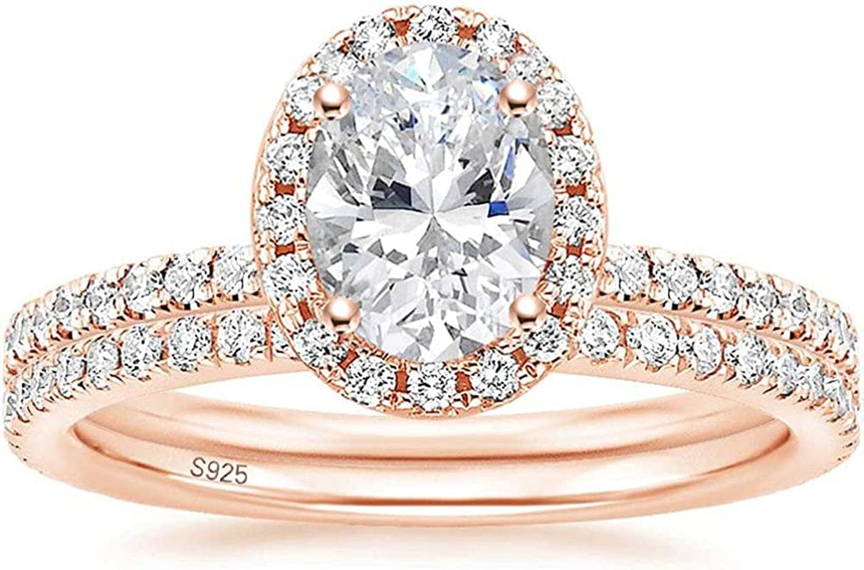 1.5CT 925 Sterling Silver Cubic Zirconia Bridal Rings Sets Oval Cut CZ Engagement Rings Wedding Band for Women Size 3-13 Rose Gold / 6