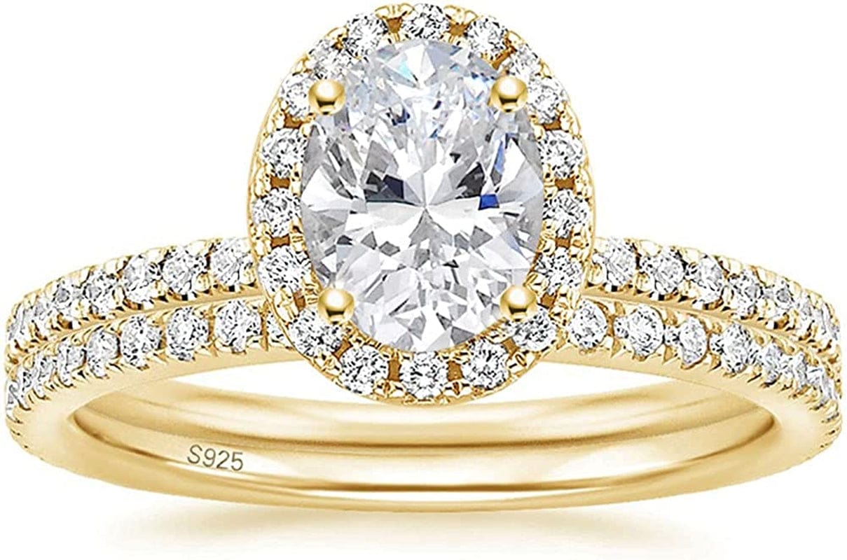 1.5CT 925 Sterling Silver Cubic Zirconia Bridal Rings Sets Oval Cut CZ Engagement Rings Wedding Band for Women Size 3-13 Gold / 6