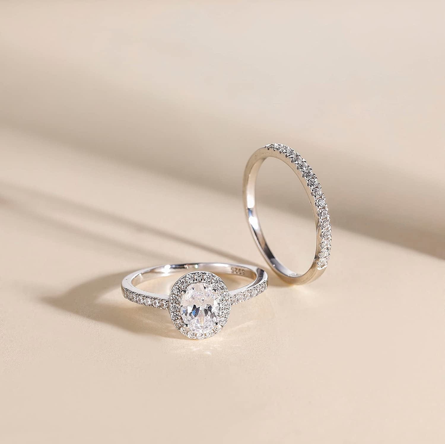 1.5CT 925 Sterling Silver Cubic Zirconia Bridal Rings Sets Oval Cut CZ Engagement Rings Wedding Band for Women Size 3-13