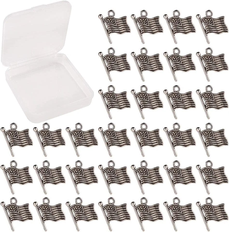 1 Box 100Pcs American Flag Charms Christmas Tree Decor Antique Silver Alloy Charms Pendant Jewelry Making Accessories for DIY Independence Day Necklace Bracelet Supplies Earrings Findings 100Pcs American Flag Charms-1 same