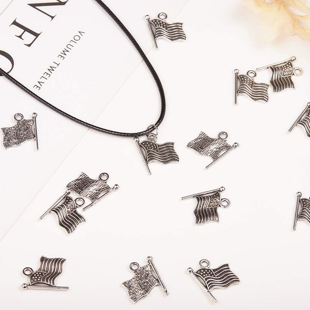 1 Box 100Pcs American Flag Charms Christmas Tree Decor Antique Silver Alloy Charms Pendant Jewelry Making Accessories for DIY Independence Day Necklace Bracelet Supplies Earrings Findings