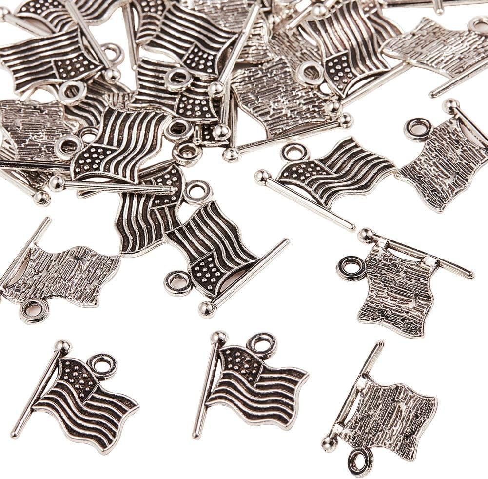 1 Box 100Pcs American Flag Charms Christmas Tree Decor Antique Silver Alloy Charms Pendant Jewelry Making Accessories for DIY Independence Day Necklace Bracelet Supplies Earrings Findings