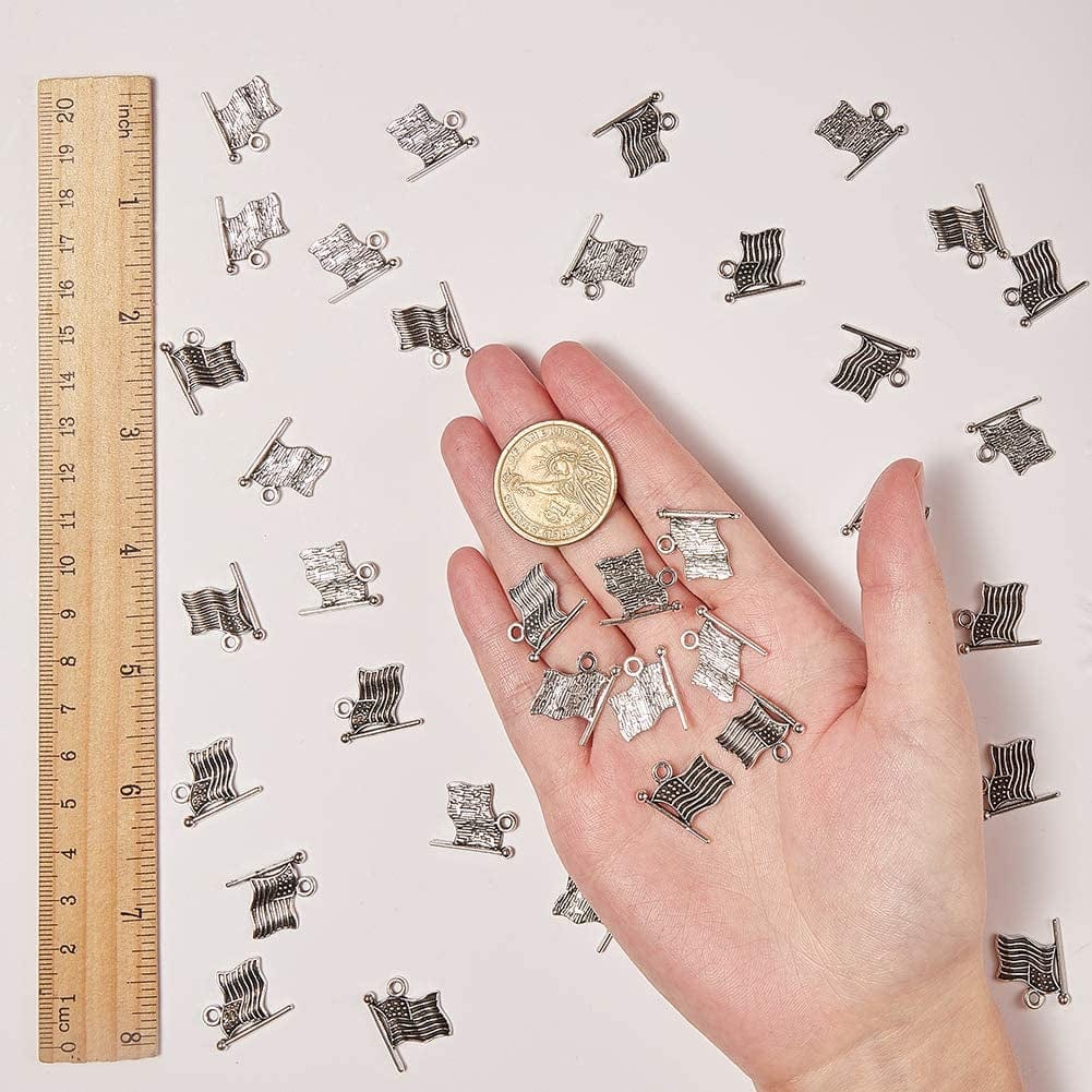 1 Box 100Pcs American Flag Charms Christmas Tree Decor Antique Silver Alloy Charms Pendant Jewelry Making Accessories for DIY Independence Day Necklace Bracelet Supplies Earrings Findings