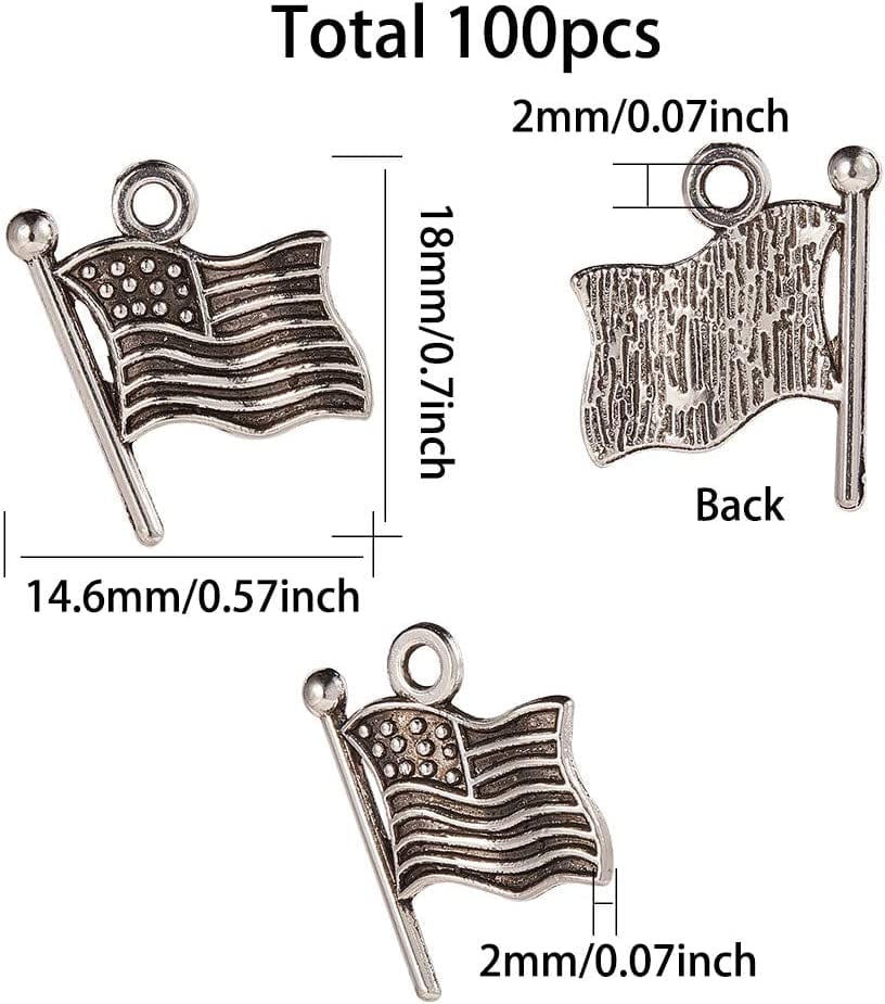1 Box 100Pcs American Flag Charms Christmas Tree Decor Antique Silver Alloy Charms Pendant Jewelry Making Accessories for DIY Independence Day Necklace Bracelet Supplies Earrings Findings