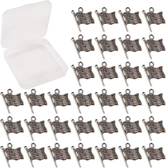 1 Box 100Pcs American Flag Charms Christmas Tree Decor Antique Silver Alloy Charms Pendant Jewelry Making Accessories for DIY Independence Day Necklace Bracelet Supplies Earrings Findings 100Pcs American Flag Charms-2 same