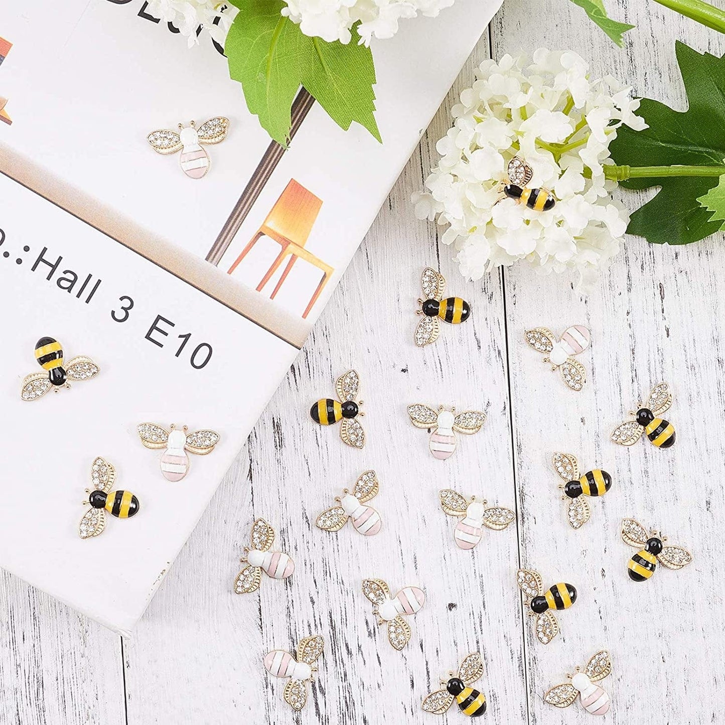 1 Box 20Pcs 2 Colors Bee Charms Pendants Rhinestone Enamel Craft Embellishments Crafting for DIY Handmade Crafts Storage Container