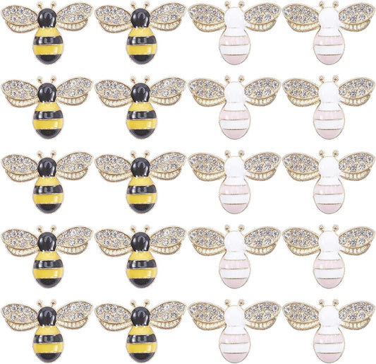 1 Box 20Pcs 2 Colors Bee Charms Pendants Rhinestone Enamel Craft Embellishments Crafting for DIY Handmade Crafts Storage Container