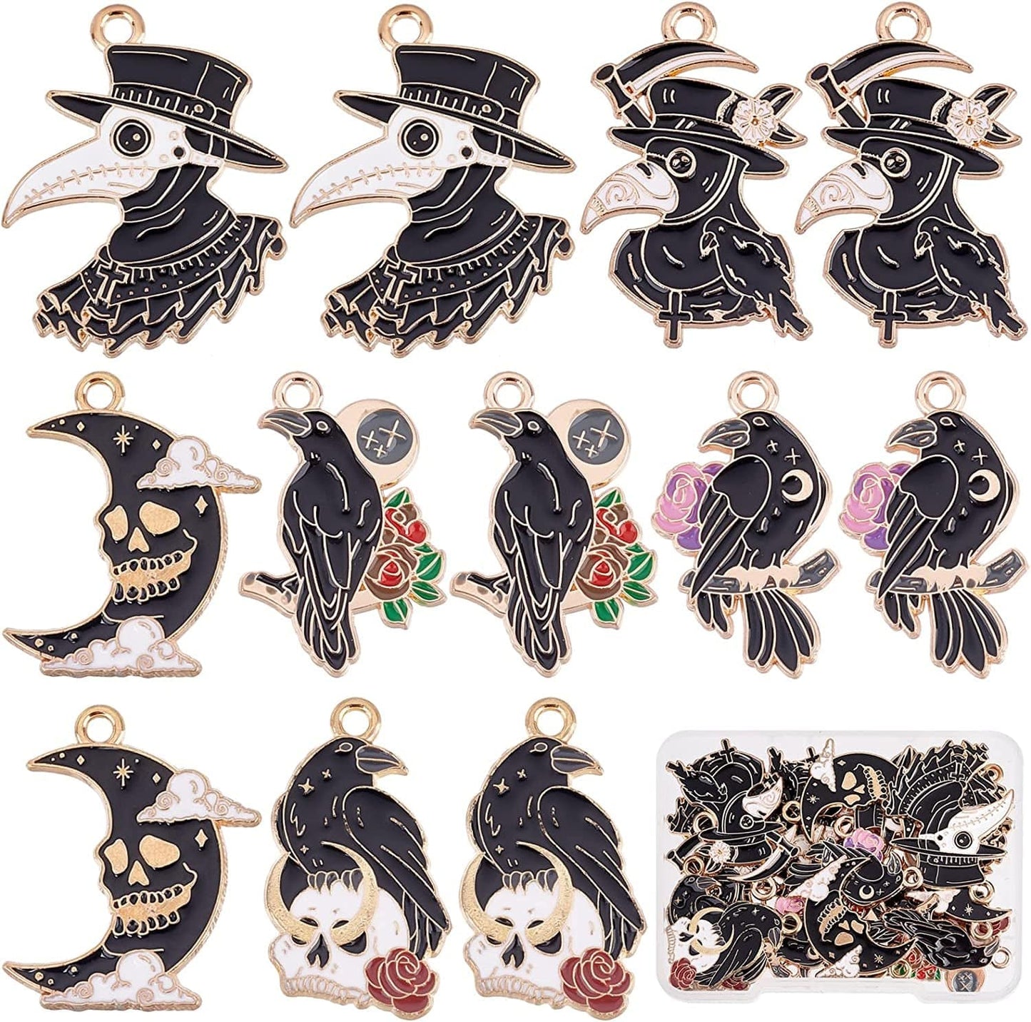 1 Box 24Pcs 6 Styles Halloween Gothic Charms Raven Enamel Charm Raven Gothic Pendants Black Skull Moon Bird Crow Charm Pendants for Jewelry Making Charms Christmas Necklace Bracelet Earring Same Raven Charms Products 1