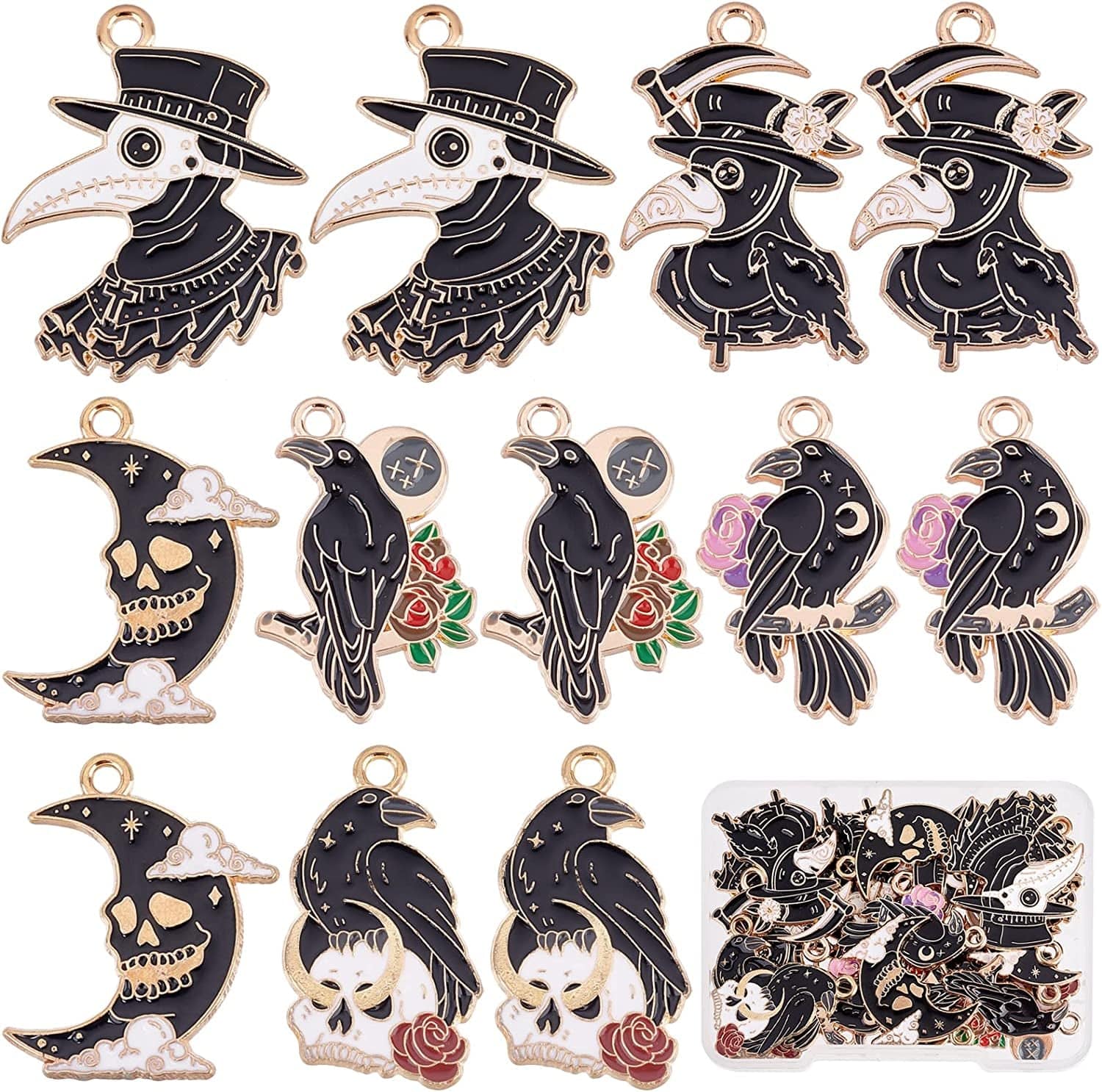1 Box 24Pcs 6 Styles Halloween Gothic Charms Raven Enamel Charm Raven Gothic Pendants Black Skull Moon Bird Crow Charm Pendants for Jewelry Making Charms Christmas Necklace Bracelet Earring Same Raven Charms Products 1