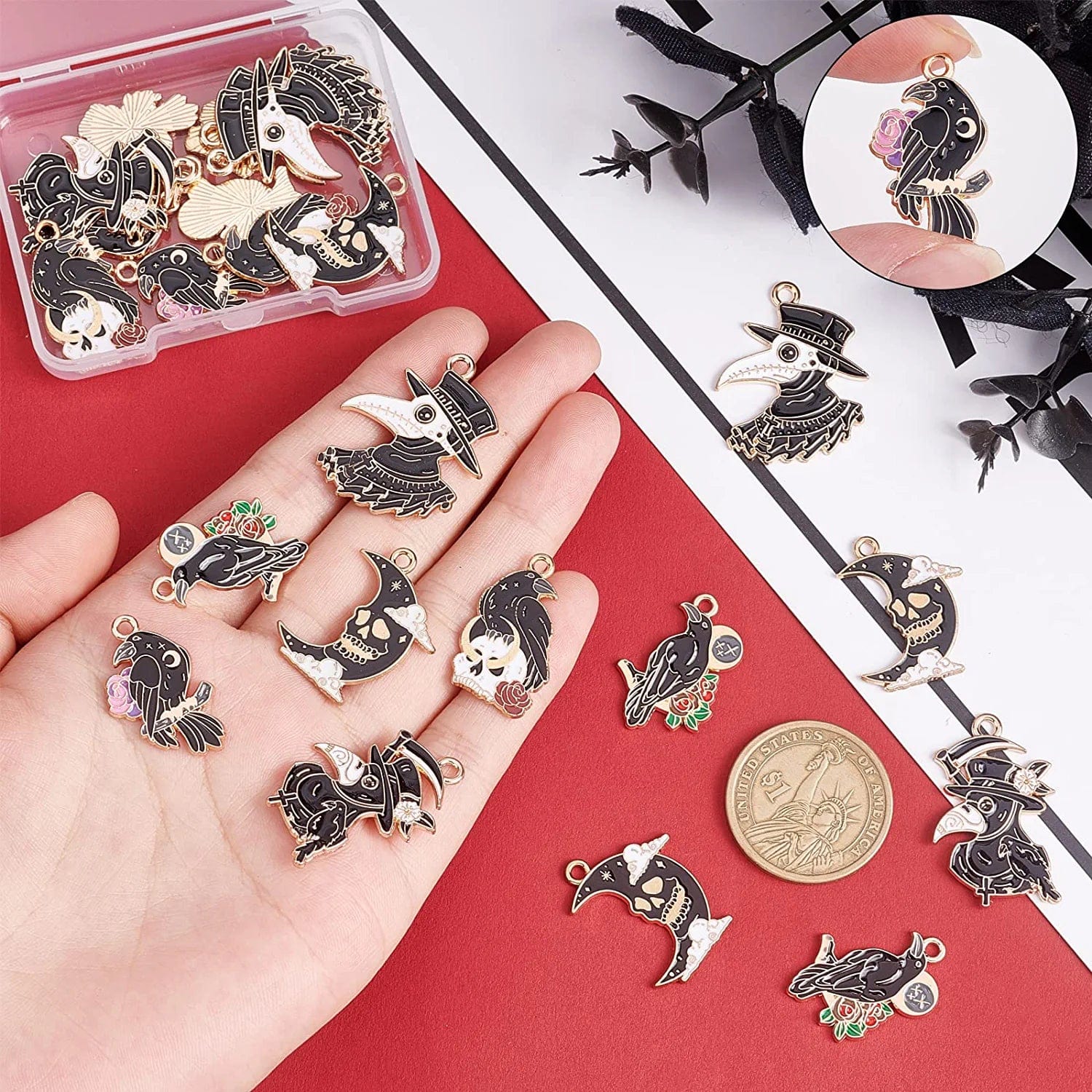 1 Box 24Pcs 6 Styles Halloween Gothic Charms Raven Enamel Charm Raven Gothic Pendants Black Skull Moon Bird Crow Charm Pendants for Jewelry Making Charms Christmas Necklace Bracelet Earring