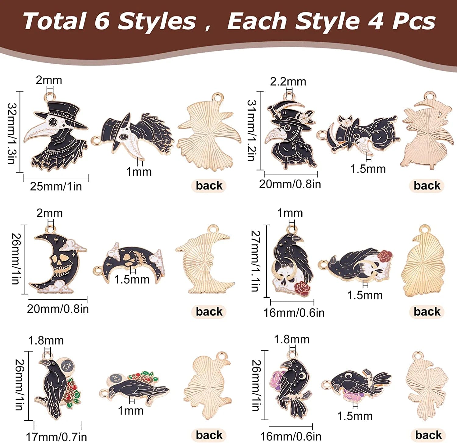 1 Box 24Pcs 6 Styles Halloween Gothic Charms Raven Enamel Charm Raven Gothic Pendants Black Skull Moon Bird Crow Charm Pendants for Jewelry Making Charms Christmas Necklace Bracelet Earring