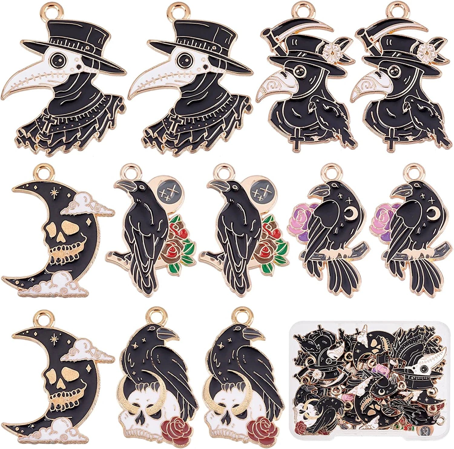 1 Box 24Pcs 6 Styles Halloween Gothic Charms Raven Enamel Charm Raven Gothic Pendants Black Skull Moon Bird Crow Charm Pendants for Jewelry Making Charms Christmas Necklace Bracelet Earring Same Raven Charms Products 2