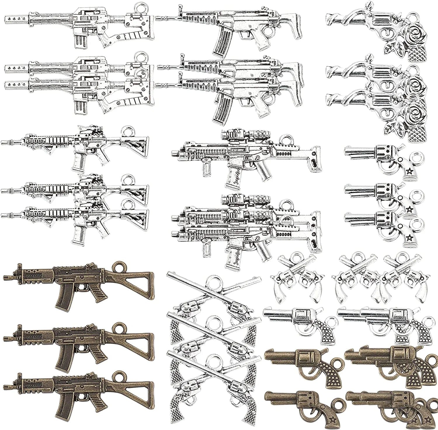 1 Box 40Pcs 10 Styles Gun Pistol Revolver Weapon Charms Pendants Craft Supplies Bow Arrow Charms Pendant for Jewelry Finding Making Accessory for DIY Bracelet 36Pcs 12 Styles Gun Charms Bulk
