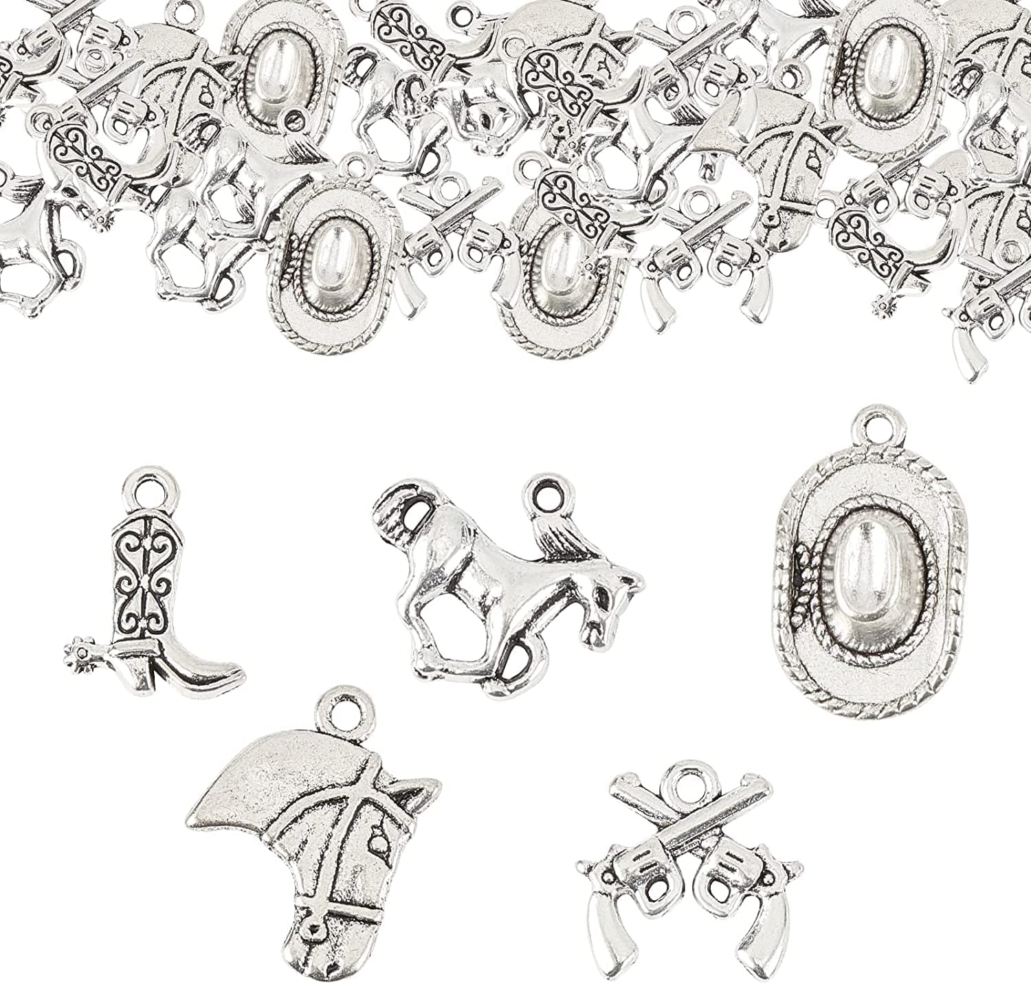 1 Box 40Pcs 10 Styles Gun Pistol Revolver Weapon Charms Pendants Craft Supplies Bow Arrow Charms Pendant for Jewelry Finding Making Accessory for DIY Bracelet 50Pcs Cowboy Themed Gun Horse Boot Charms