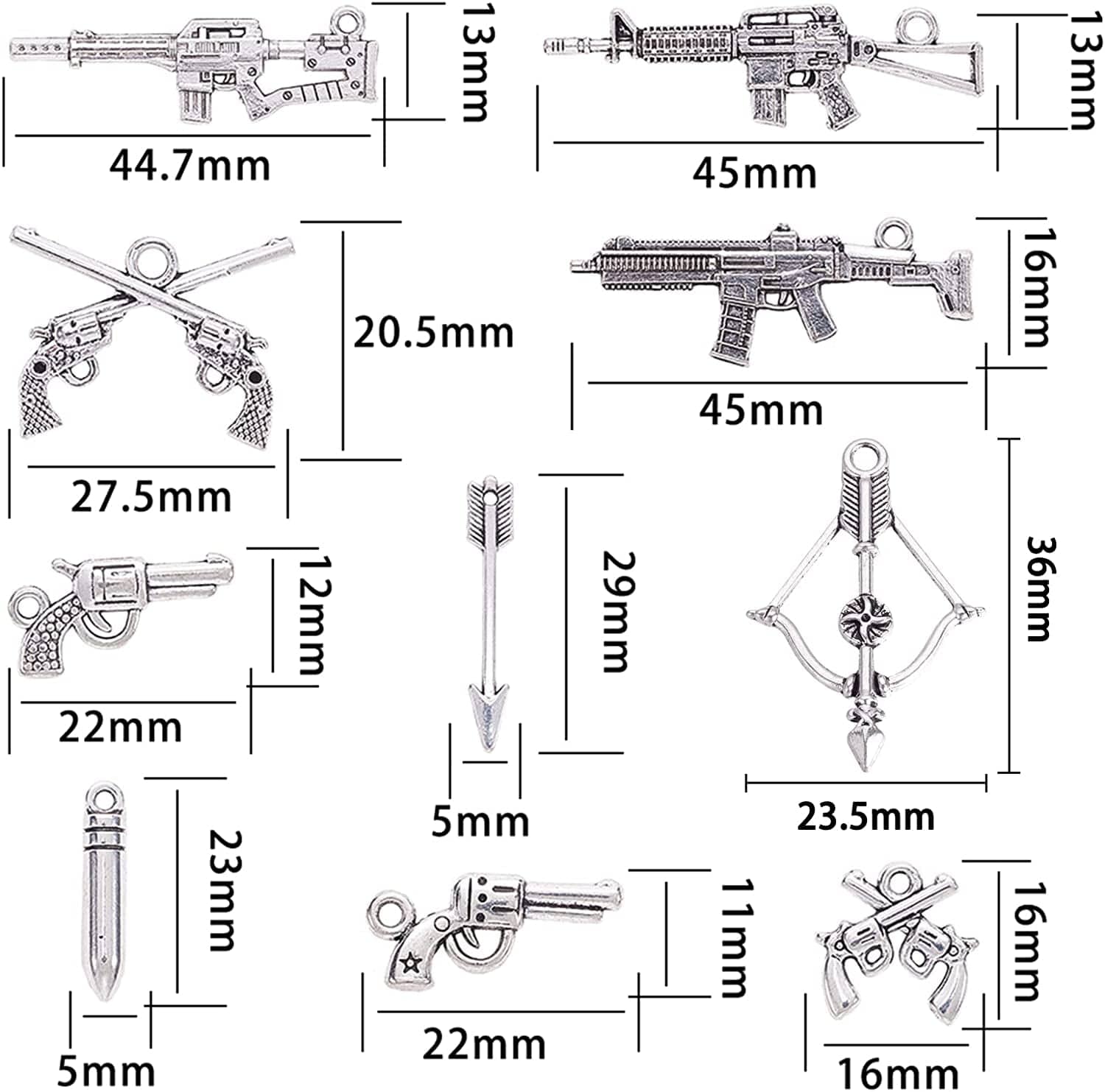 1 Box 40Pcs 10 Styles Gun Pistol Revolver Weapon Charms Pendants Craft Supplies Bow Arrow Charms Pendant for Jewelry Finding Making Accessory for DIY Bracelet