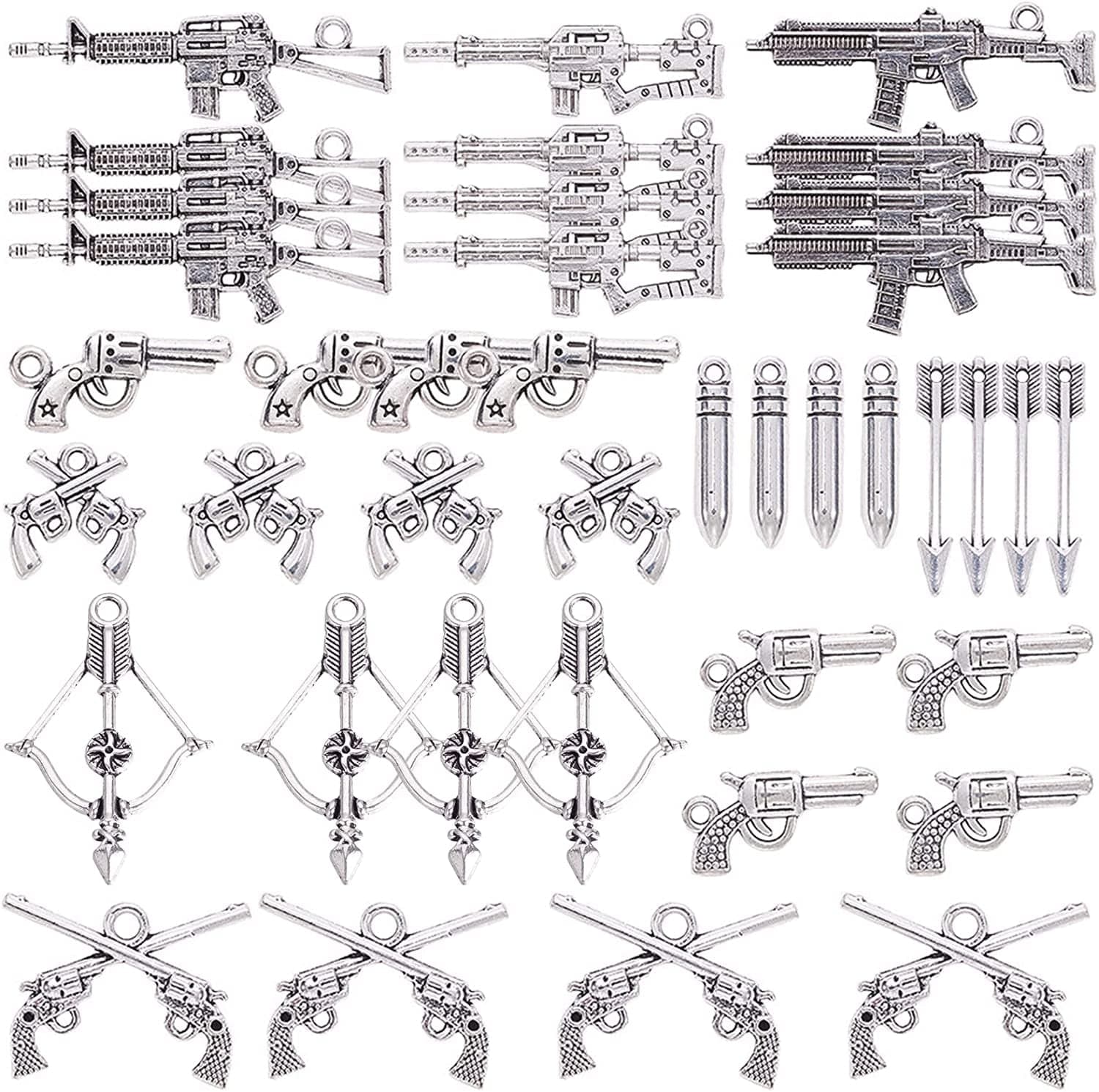 1 Box 40Pcs 10 Styles Gun Pistol Revolver Weapon Charms Pendants Craft Supplies Bow Arrow Charms Pendant for Jewelry Finding Making Accessory for DIY Bracelet 40Pcs 10 Styles
