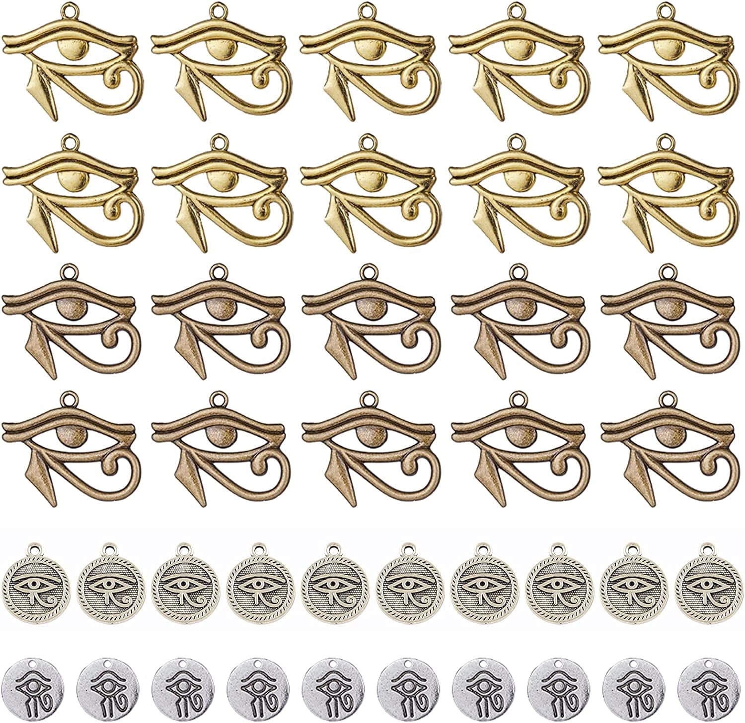 1 Box 40Pcs 4 Styles Eye of Horus Charms Pendants Craft Supplies Tibetan Silver Metal Charms Pendant for Jewelry Making