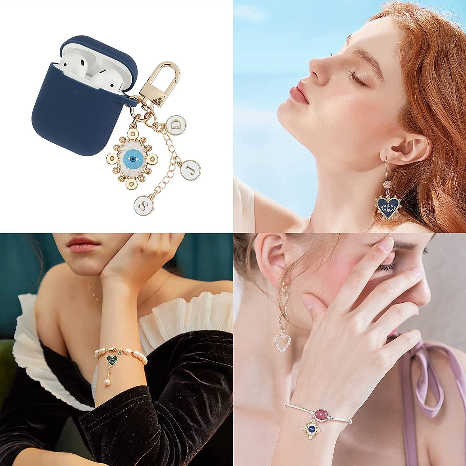 1 Box 8 Styles Evil Eye Charms Heart Oval Shape Alloy Enamel Golden Plated Flatback Pendants Pearl Carved with Hoop for Jewelry DIY Making Bracelets Necklaces Supplies Accessories